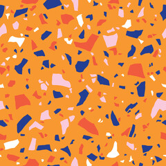 Terrazzo flooring texture. Polished pebble stone tile. Abstract bright blue and orange color seamless colorful pattern. Vector background