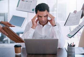 Stress, headache and burnout mindset of a business man working on laptop in office. Tax manager, leader or employee with mental health from job contract, compliance and report.