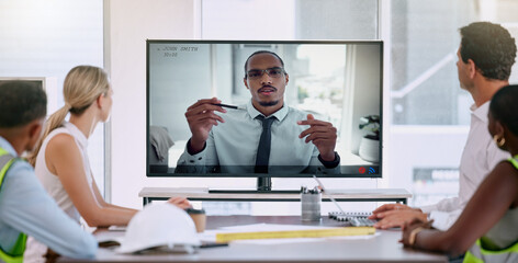 Video call, business meeting and industry workers planning a project with an industrial manager....