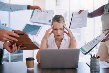 Work stress, headache and burnout mindset of a business woman working at a office computer. Corporate tax employee worried about mental health from job report, contract and compliance data overload