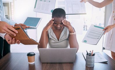 Burnout, stress and headache with business woman and work overload, too much and pressure in...