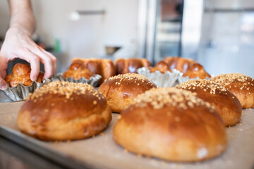 Ready-made brioches cool down on the table after baking. Front view.
