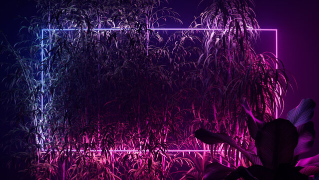 Cyberpunk Background Design. Tropical Plants with Blue and Pink, Rectangle shaped Neon Frame.