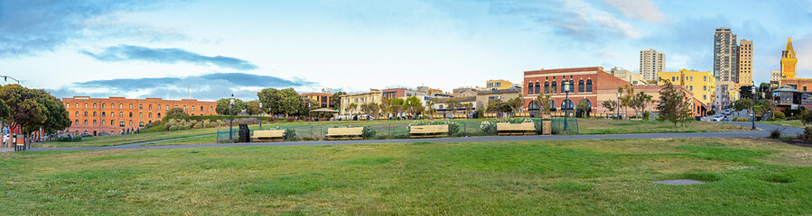 scenic San Francisco Maritime national historical. park in San Francisco with green meadow open to...