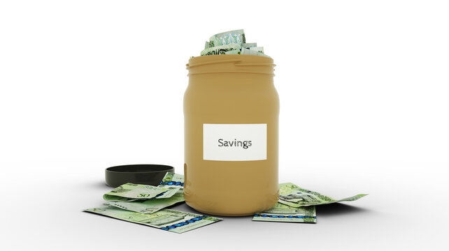3D rendering of Libyan dinar notes in savings container. container filled to the top with Libyan currency notes