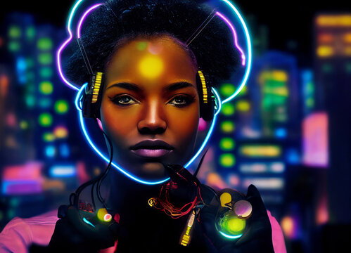 An Afrofuturism style digital illustration of a woman with future tech gadgets .
