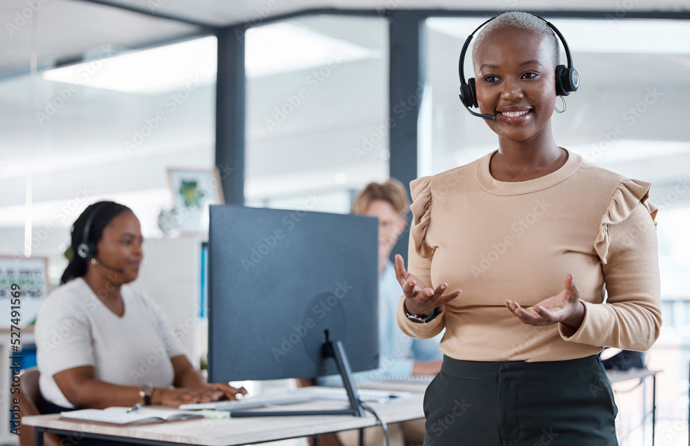 Poster crm, woman and customer support contact us consultant talking on a customer phone consultation. happ