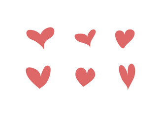 Set of simple icons of red hearts of different shapes hand-drawn for Valentine's Day, holiday, wedding.