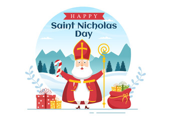 Saint Nicholas Day or Sinterklaas Celebration Template Hand Drawn Cartoon Flat Illustration with Gift Box and Winter Background Design