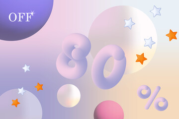 80 off, bonus percent, sales discount. Big cashback, advantageous percentage, holiday gifts. Advertising campaign, selection of a profitable discount, space vector, abstract banner 3d, dusty galaxy