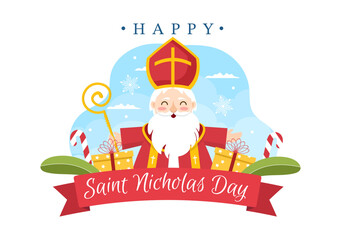 Saint Nicholas Day or Sinterklaas Celebration Template Hand Drawn Cartoon Flat Illustration with Gift Box and Winter Background Design