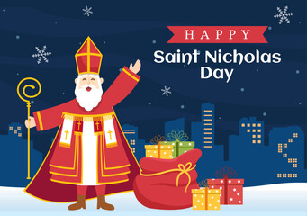 Saint Nicholas Day or Sinterklaas Celebration Template Hand Drawn Cartoon Flat Illustration with Gift Box and Winter Background Design