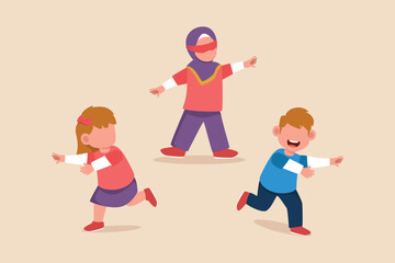 Happy kids playing tag blindfolded. Playing activity concept. Flat vector illustrations isolated.