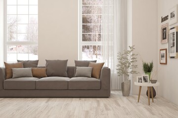 White living room with sofa and winter landscape in window. Scandinavian interior design. 3D illustration
