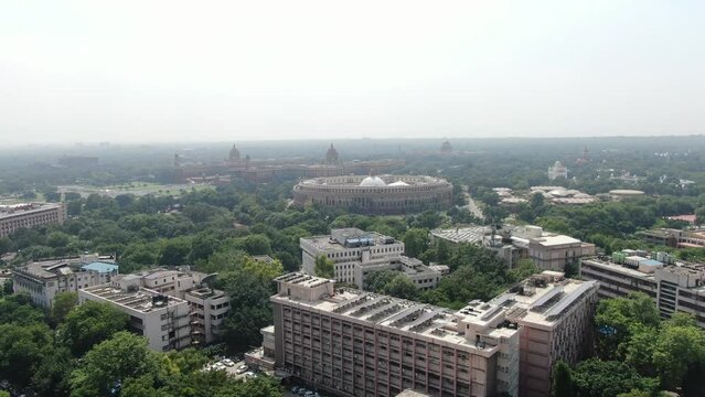 4k Drone aerial shot of Pariament house in new Delhi capital of india 