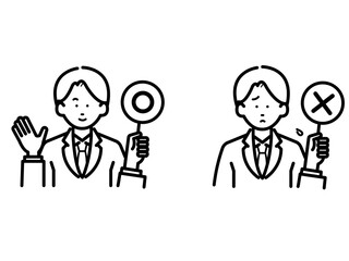 ○✖️の札を持つ男性のイラスト素材セット　線画のみ