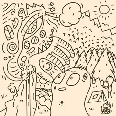 Psychedelic doodle hand-drawn in vector. Line art.
