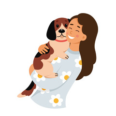Young woman holding dog in hands vector illustration. Cartoon isolated cute cheerful female pet owner hugging funny beagle, love, care and friendship of two sweet friends characters standing together
