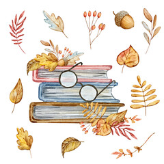 Watercolor autumn composition of book, glasses and leaves