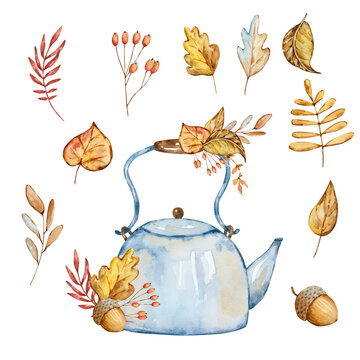 Watercolor autumn composition blue teapot and leaves