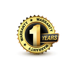 3D style golden color 1-year warranty badge icon isolated on white background. Vector illustration. 