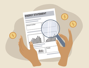 vector illustration in a flat style on the topics of high electricity bills. someone is looking at the bill through a magnifying glass