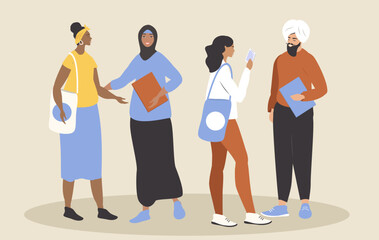 Obraz premium vector illustration in flat style. young students communicate and discuss their studies