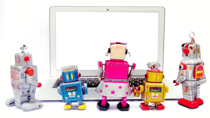 a collection of retro bots watching a laptop PNG 