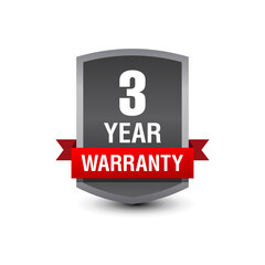 Strong powerful 3-Year warranty vector badge logo with red ribbon isolated on white background. 