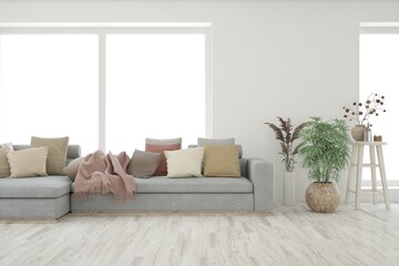 White living room with sofa. Scandinavian interior design. 3D illustration