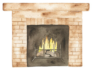 Watercolor fireplace illustration