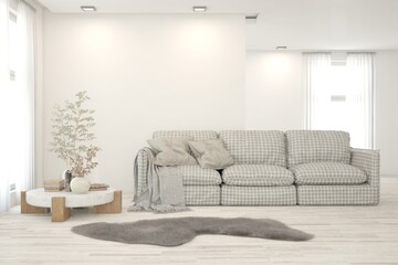 White living room with sofa. Scandinavian interior design. 3D illustration