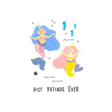 "Best friends ever" vector handwritten phrase. Cute image of a little mermaids on a transparent background