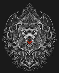 Illustration isolated lion head with engraving ornament