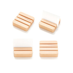 Wooden card holder isolated on white background. Wood surface. Minimalist object. Stationery. Simplicity. Workspace. Equipment.