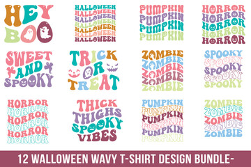 Halloween Retro Wavy T-shirt Design Bundle
