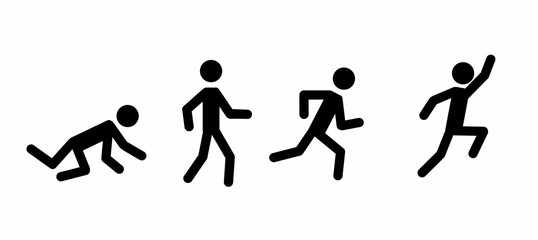 a set of pictograms of human figures, a stick man crawling, walking, running, jumping. Flat design style. Clip art image isolated on a white background.