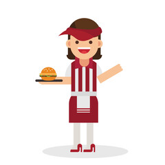 Fast food waitress holding a tray with burger