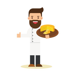 Cheesemaking. male cheesemaker in apron. man with tray.