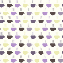 Seamless pattern with brown, violet ceramic cups and steam from tea, coffee. Simple flat vector illustration.