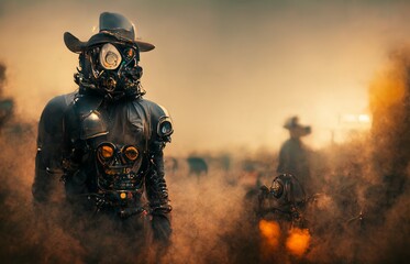 CG illustration of a man wearing a gas mask and a hat.