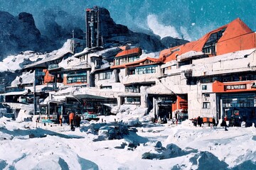 Illustration of a lodge-like building in the middle of a snowy mountain.