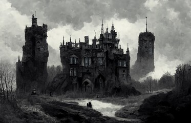 Naklejka premium Black-and-white illustration of a gothic castle.