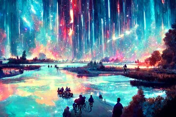 Illustration of an icy land raining light.