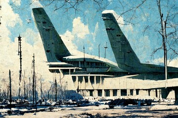 Illustration of an imaginary building shaped like an airplane.