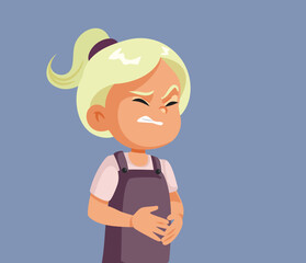 Unhappy Toddler Girl Having a Stomachache Vector Illustration. Little child having problems from gastrointestinal disease 
