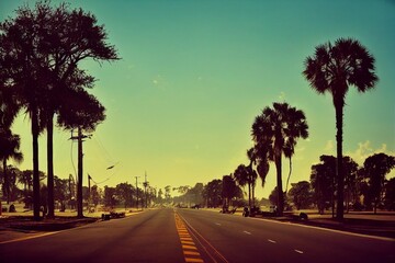 CG illustration of a wide road with palm trees.
