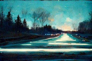 CG illustration of a road at sunset with lights on.