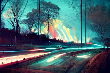 CG illustration of a road with light running through it as if after a car has passed by.