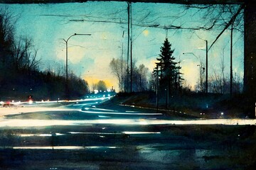 CG illustration of a road at sunset lit up.